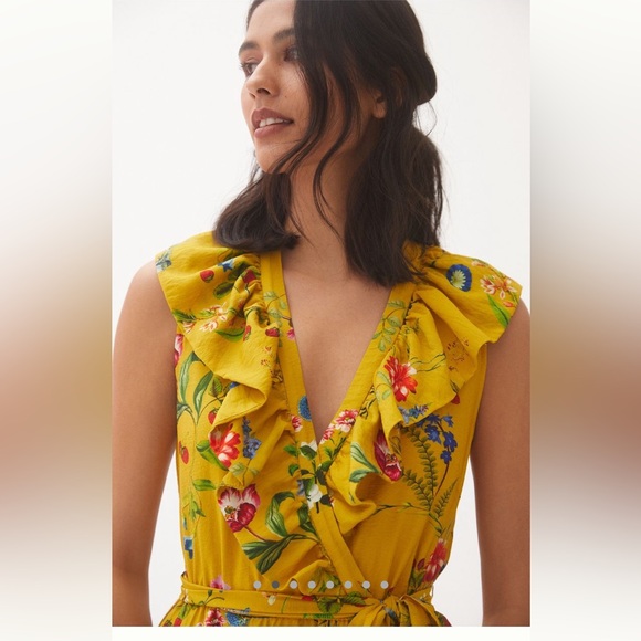 Anthropologie Maeve Yellow Floral Wrap Mini Dress with Green & Blue Accents - Picture 3 of 7